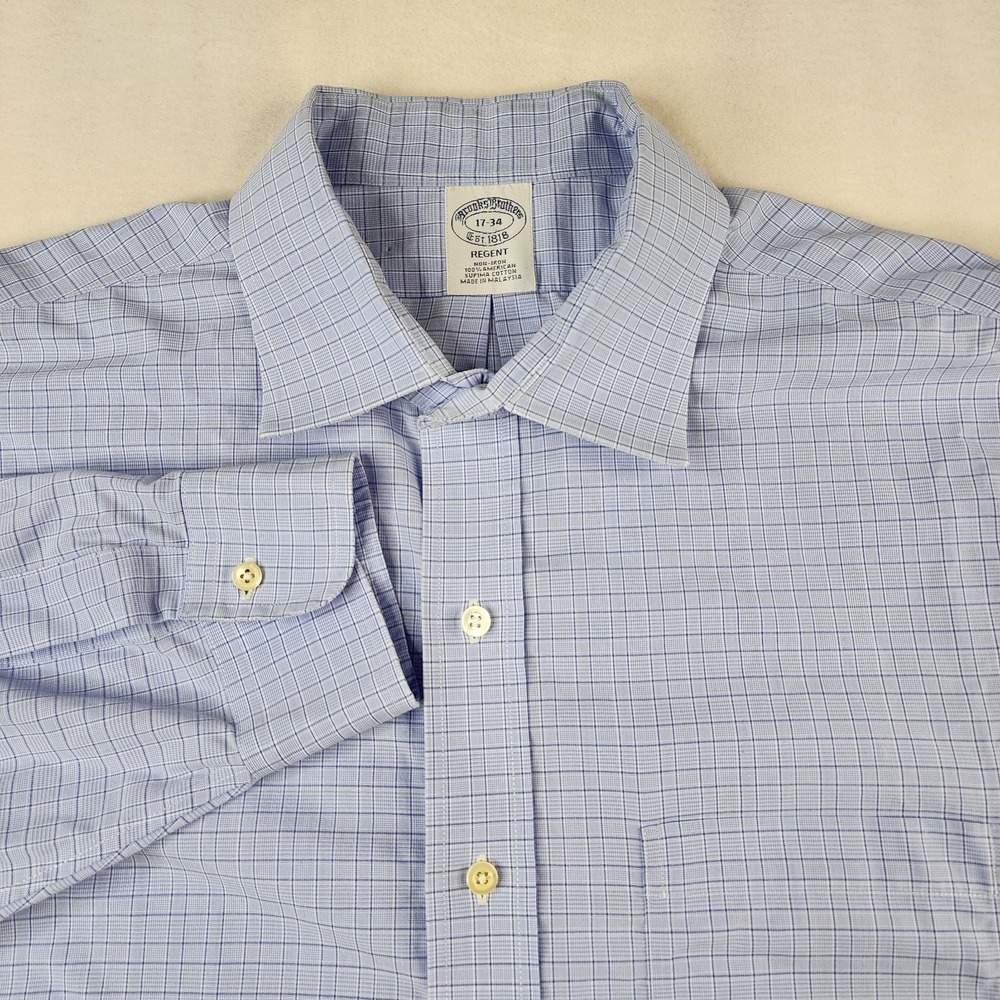 Brooks Brothers Regent Shirt Mens 17 34 Blue Periwinkle Plaid Supima Cotton
